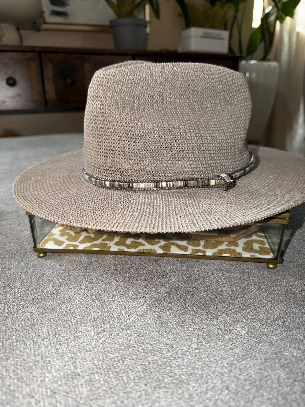 Anthropologie Taupe Raffia Sun Hat with Beaded Band